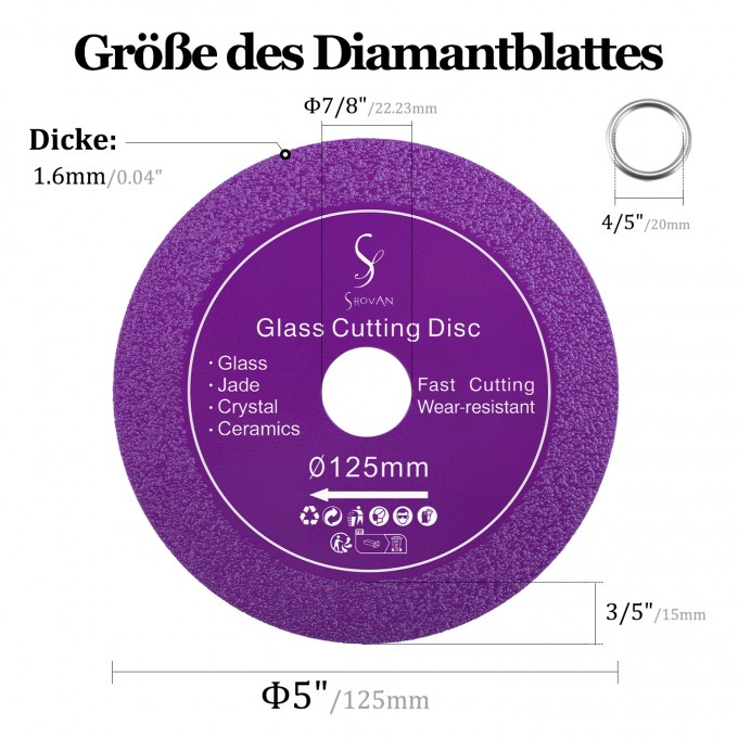 3 Pieces Glass Cutting Disc, Thin Diamond Blade 125 mm x 22.23 mm Cutting