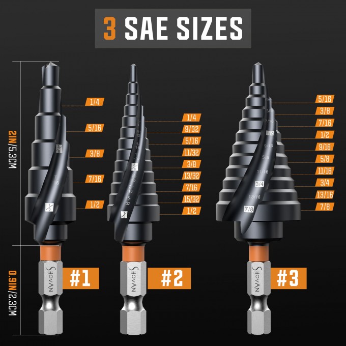 3PCS Premium HSS & Cobalt Spiral Step Drill Bit Sets (1/4"-7/8")