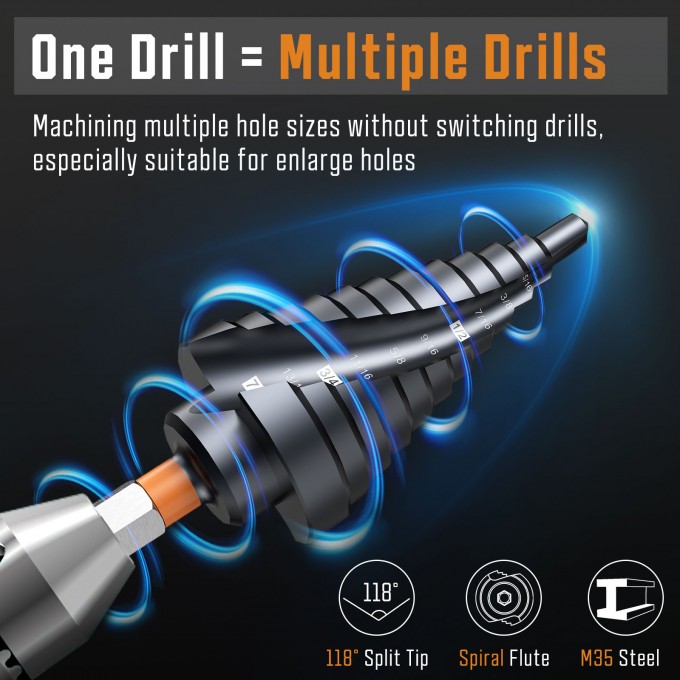 3PCS Premium HSS & Cobalt Spiral Step Drill Bit Sets (1/4"-7/8")